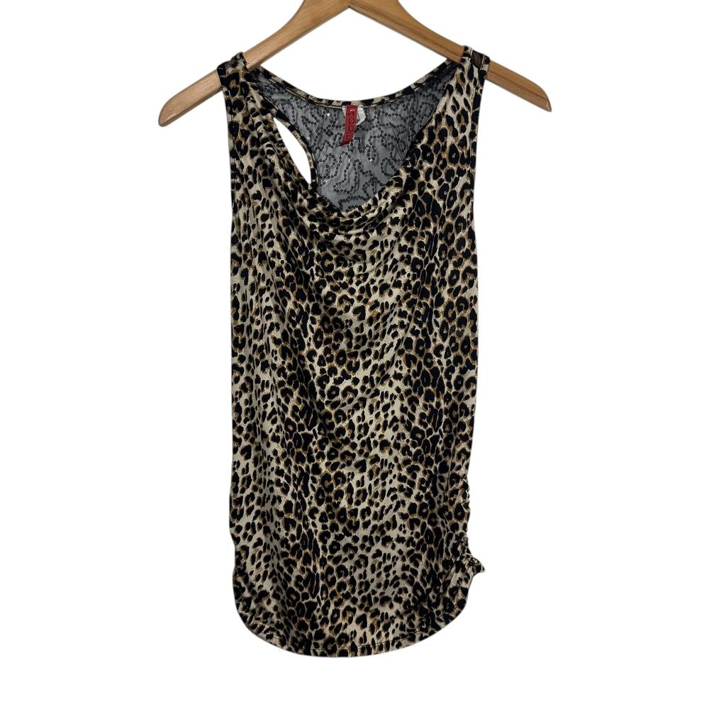 Topia Tank Top Women S Black Brown Leopard‎ Sequin Bling Mesh Y2K Ruched Vintage
